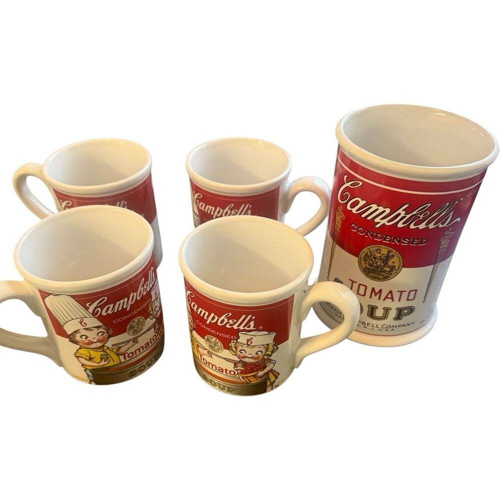 Campbells Tomato Soup Large Kitchen Catch All VINTAGE 2000 Westwood & 4 Mugs